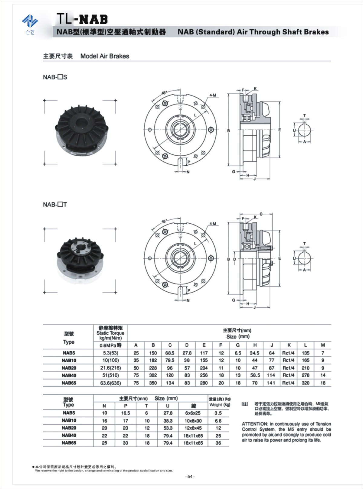 空壓通軸式制動(dòng)器NAB標準型規格型號尺寸參數表