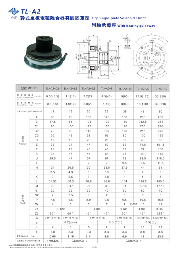 軸承安裝法蘭式電磁離合器TL-A2型規格型號尺寸參數表