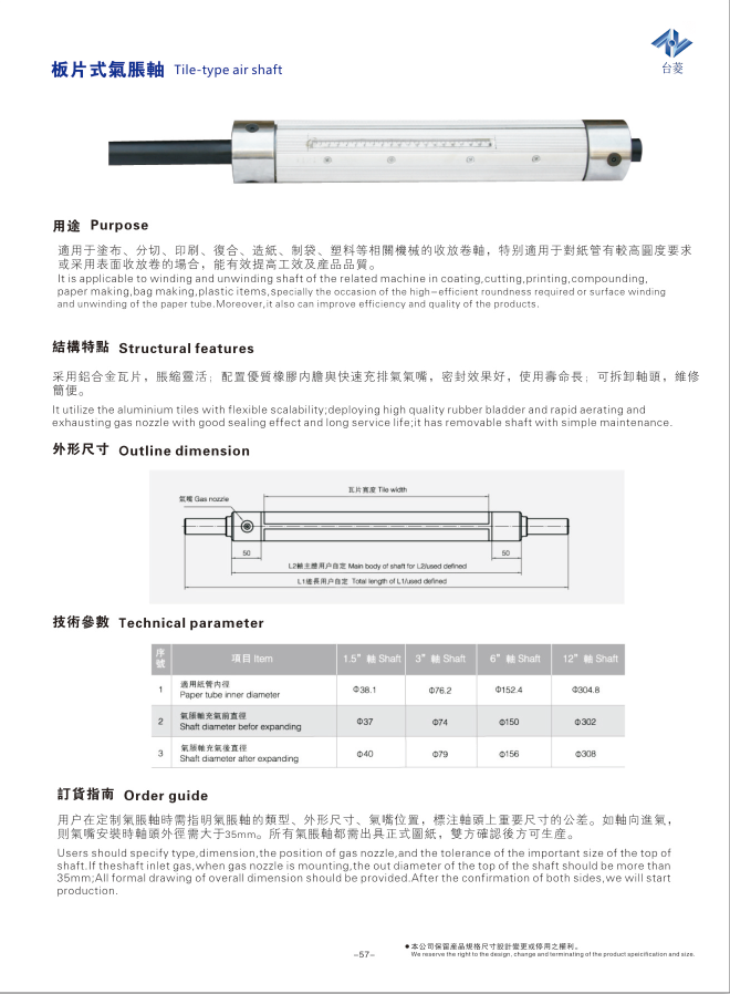 瓦片式氣脹軸（板條式氣漲軸）規格型號尺寸參數表