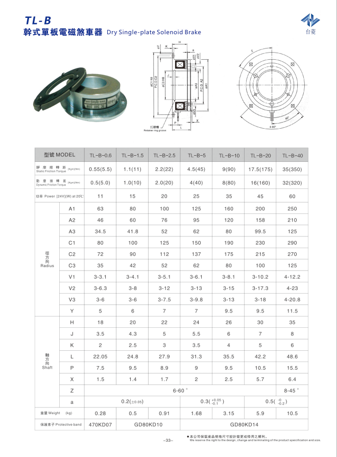 臺菱牌DC24V電磁制動(dòng)器TL-B型型號參數