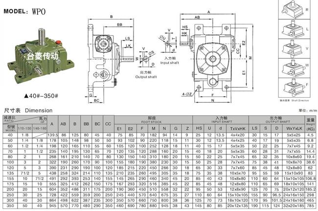 WP系列蝸輪蝸桿減速機,蝸輪蝸桿減速機型號規格參數圖